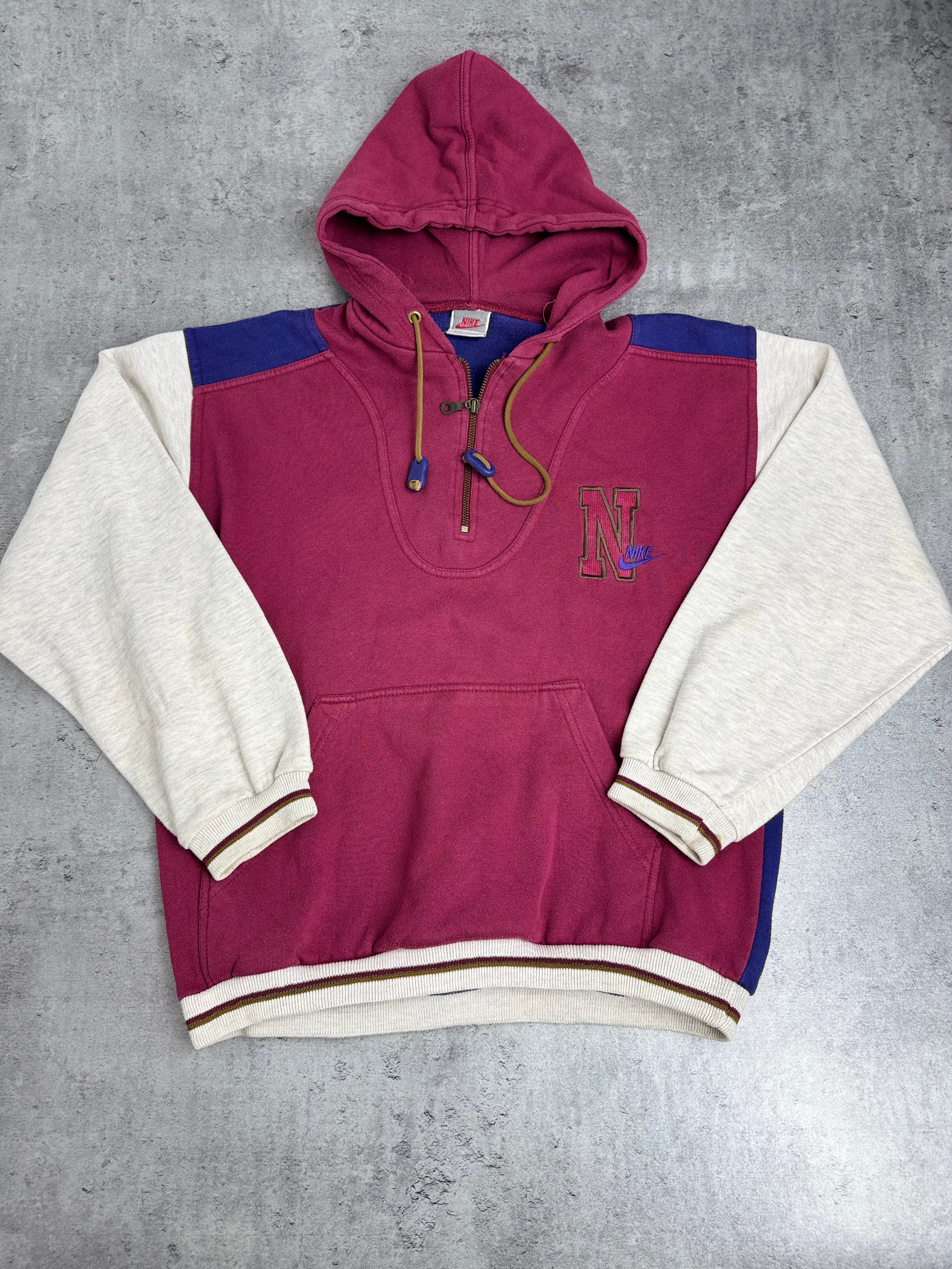 Late 80s 90s Rare Nike Quarter Zip Hoodie Bluza z Kapturem Sportowa Colorblock Vintage College Style