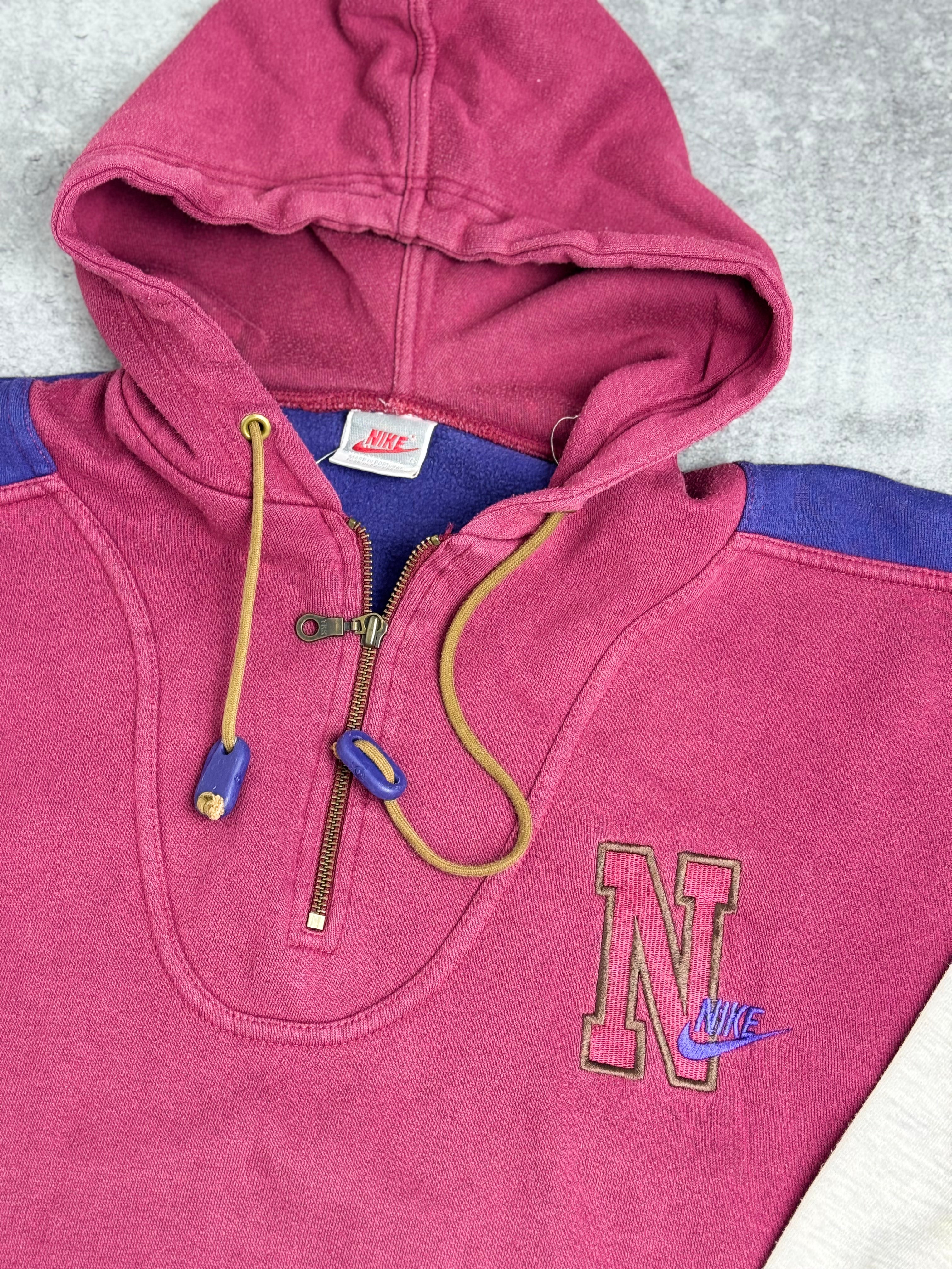 Late 80s 90s Rare Nike Quarter Zip Hoodie Bluza z Kapturem Sportowa Colorblock Vintage College Style