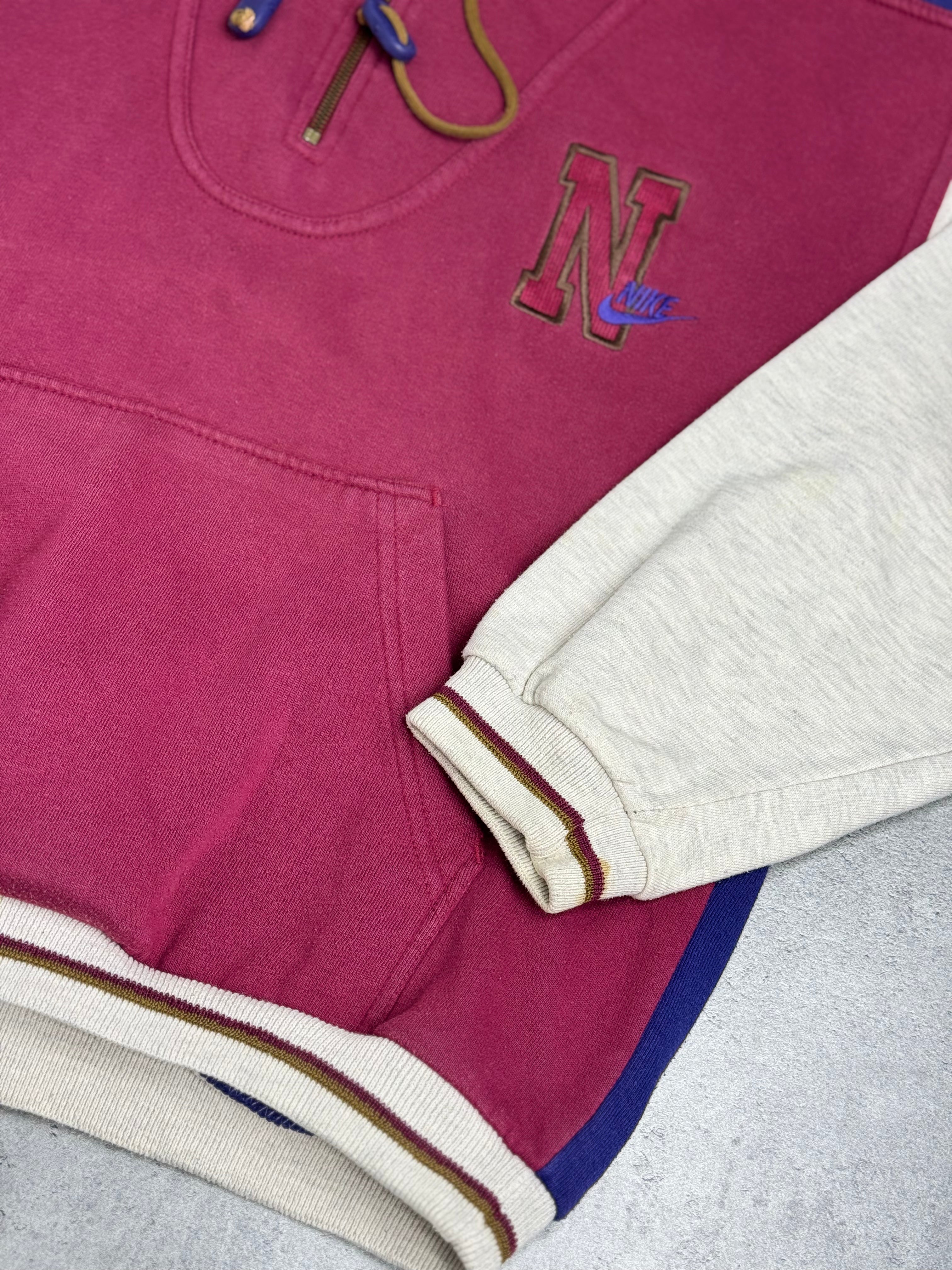 Late 80s 90s Rare Nike Quarter Zip Hoodie Bluza z Kapturem Sportowa Colorblock Vintage College Style
