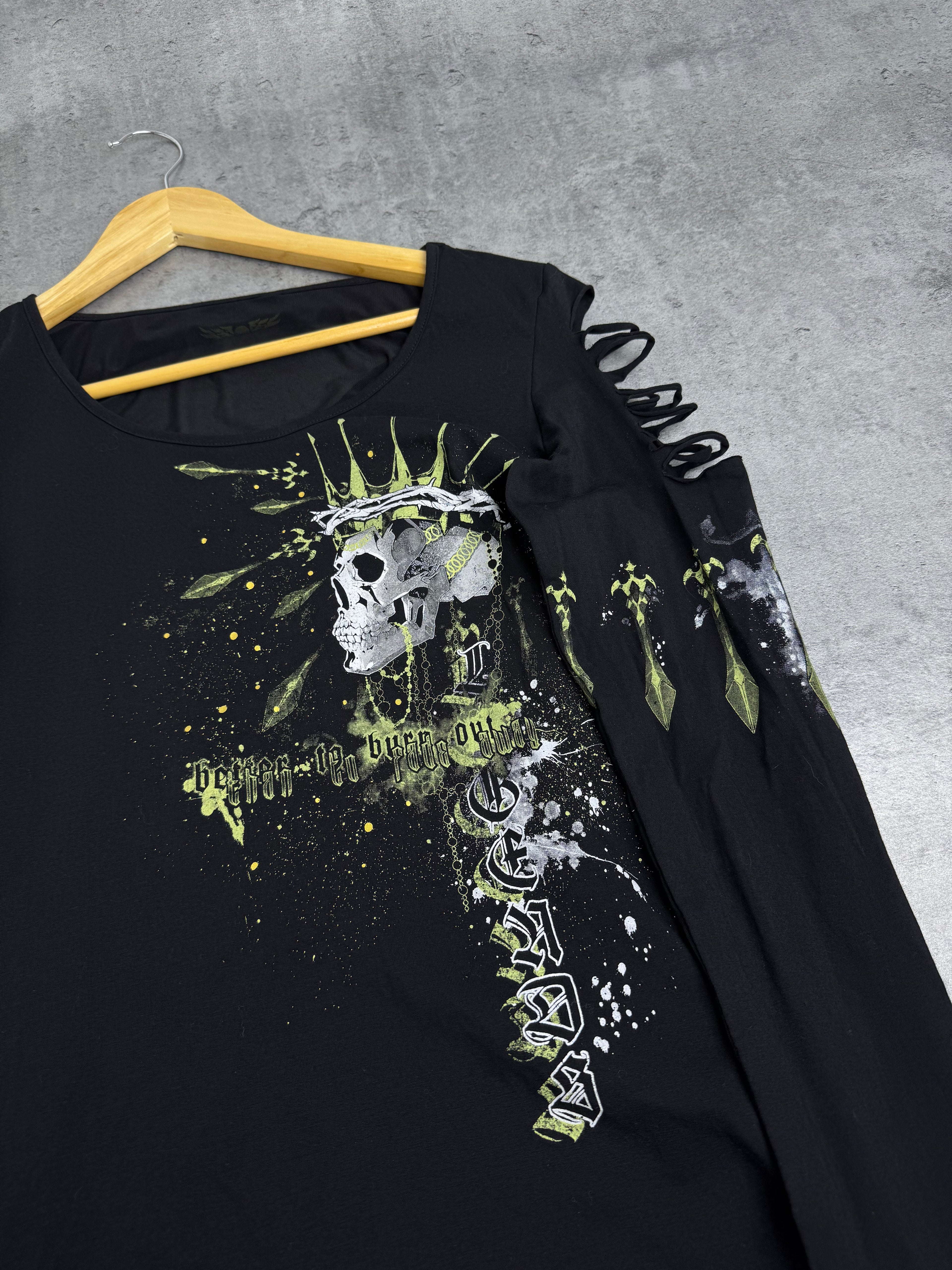 Rock Rebel Goth Skull Longsleeve Top Y2K Emo Grunge Punk Cyber Goth Cut Out M