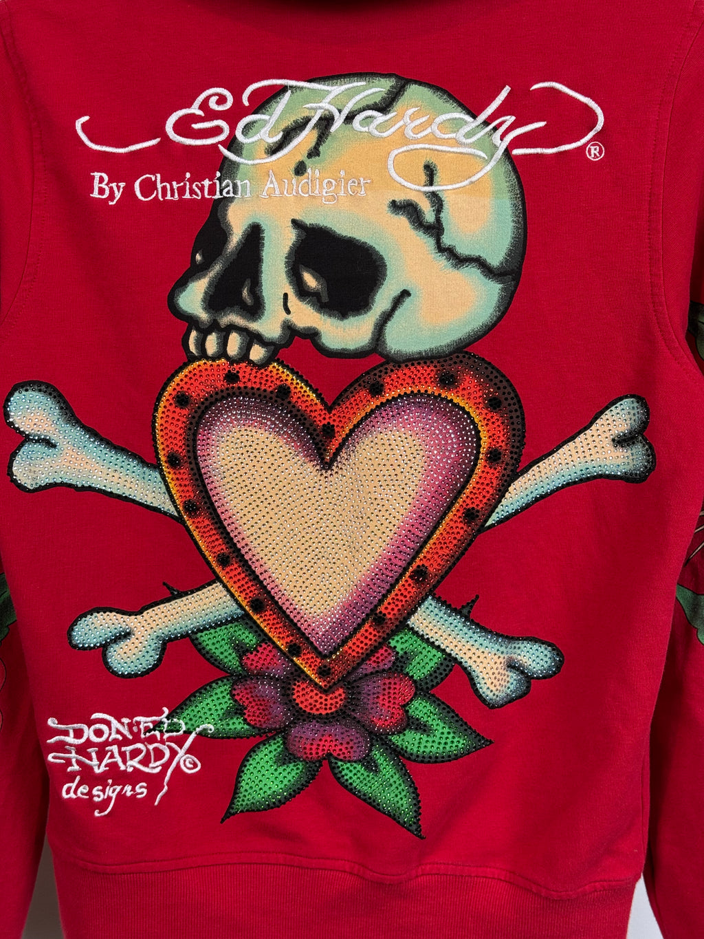 RARE Y2k Ed Hardy Skull in Love Women's Embroidered All Over Print French Terry Hoodie Jacket