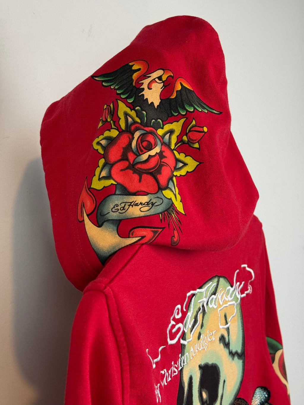 RARE Y2k Ed Hardy Skull in Love Women's Embroidered All Over Print French Terry Hoodie Jacket