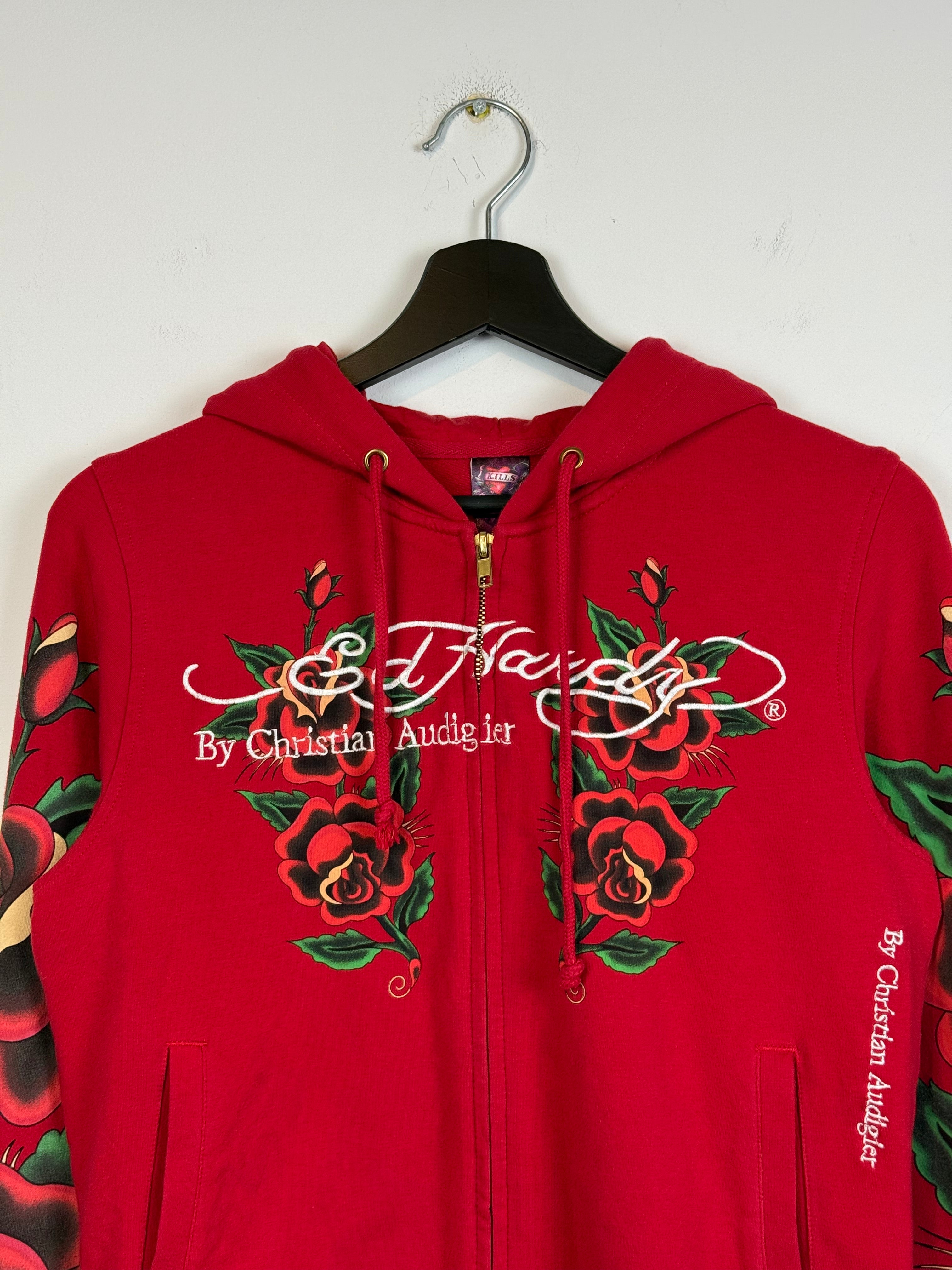 RARE Y2k Ed Hardy Skull in Love Women's Embroidered All Over Print French Terry Hoodie Jacket