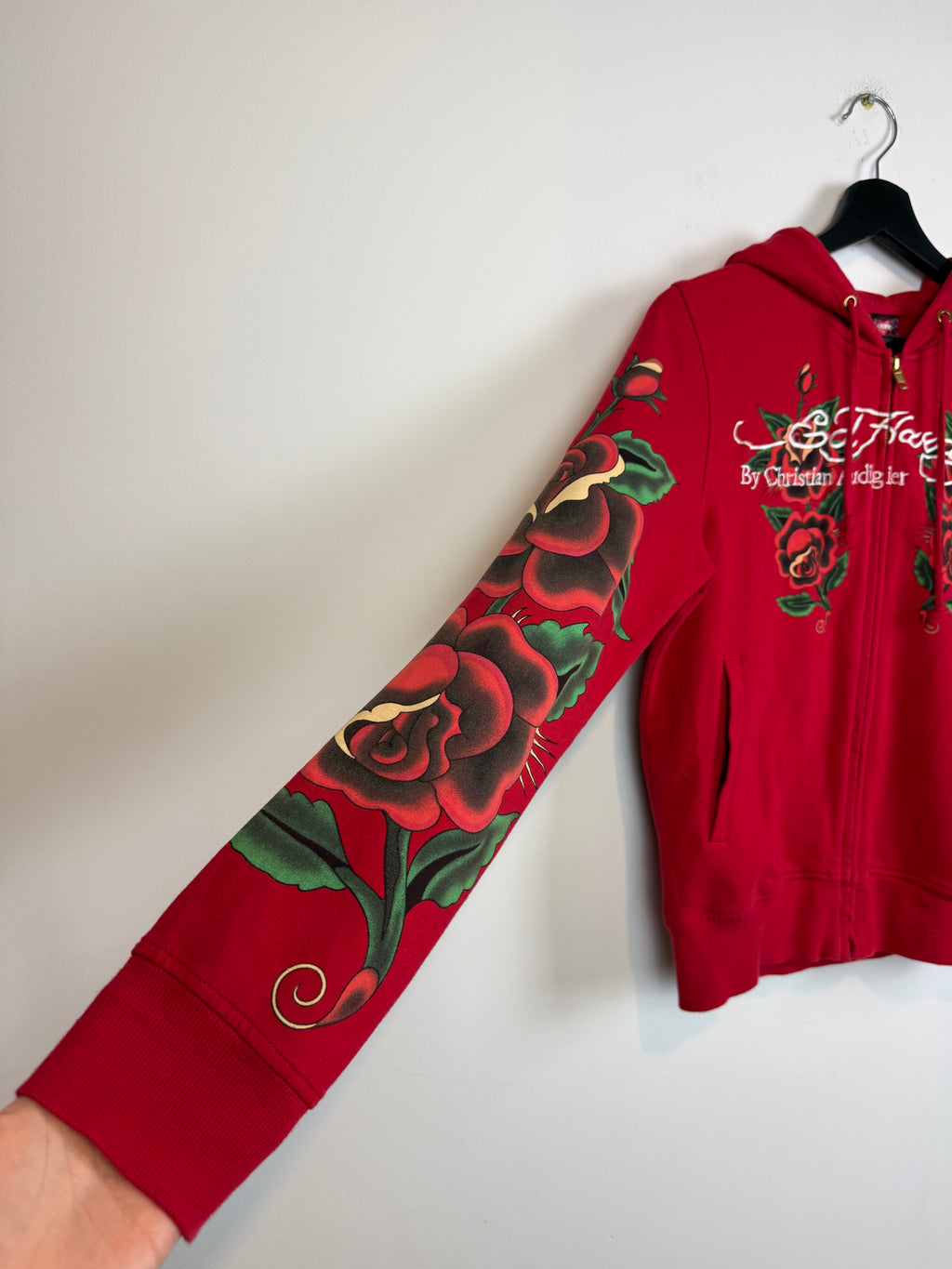 RARE Y2k Ed Hardy Skull in Love Women's Embroidered All Over Print French Terry Hoodie Jacket