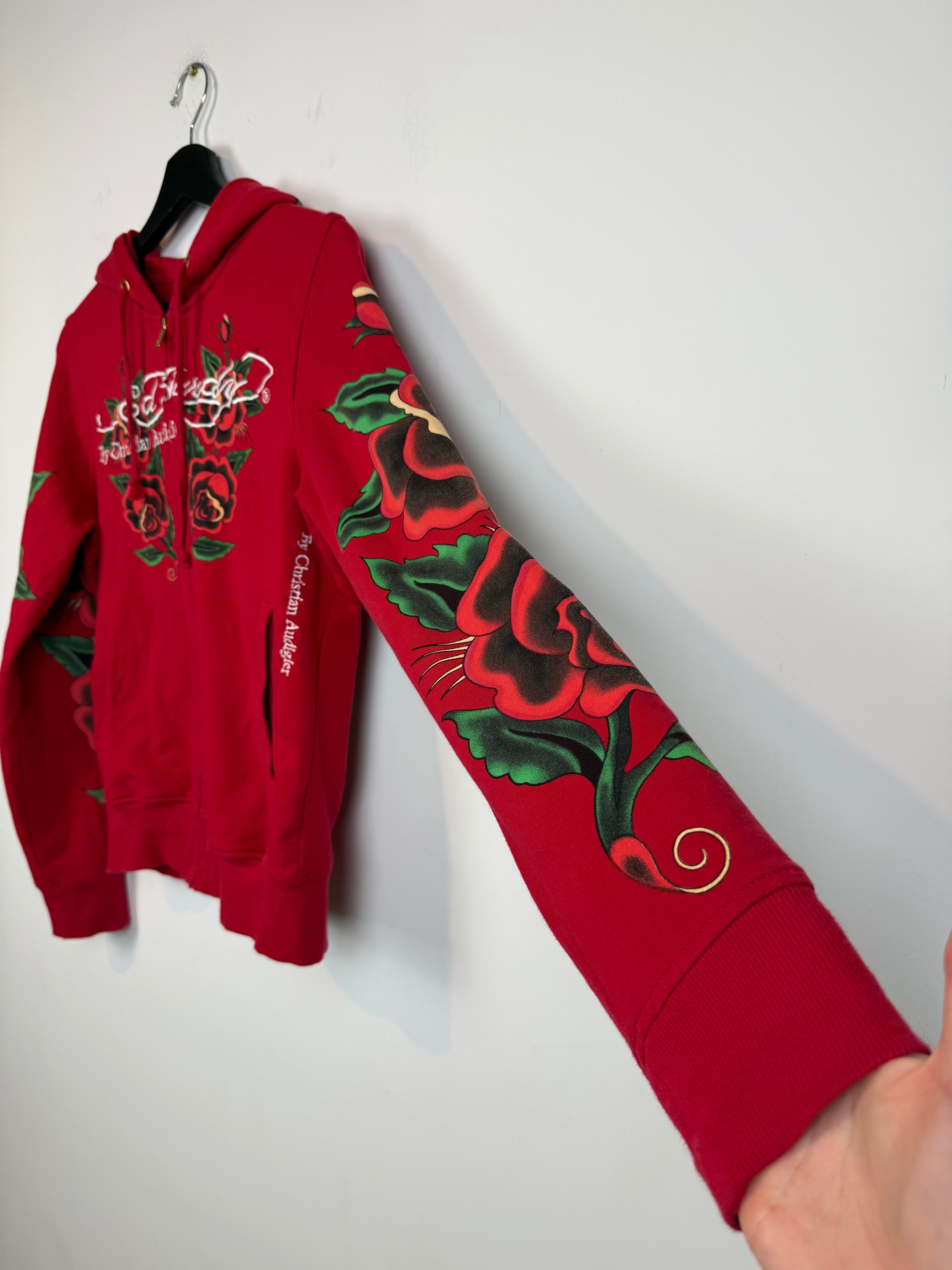 RARE Y2k Ed Hardy Skull in Love Women's Embroidered All Over Print French Terry Hoodie Jacket