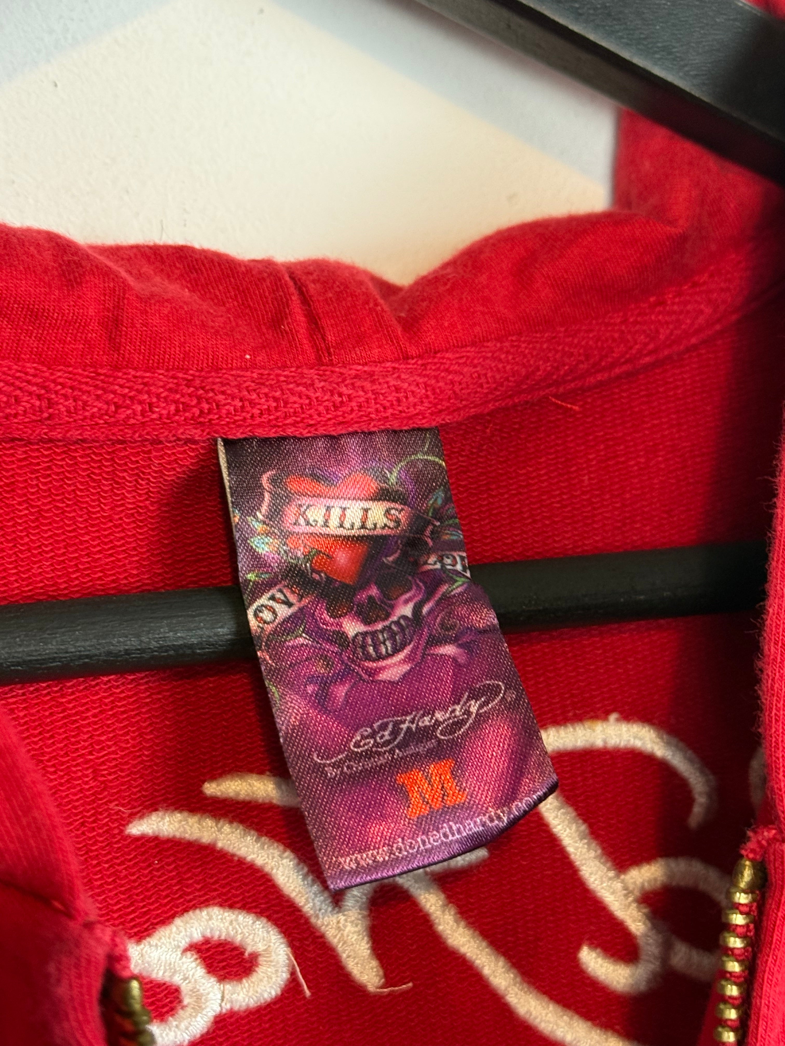 RARE Y2k Ed Hardy Skull in Love Women's Embroidered All Over Print French Terry Hoodie Jacket