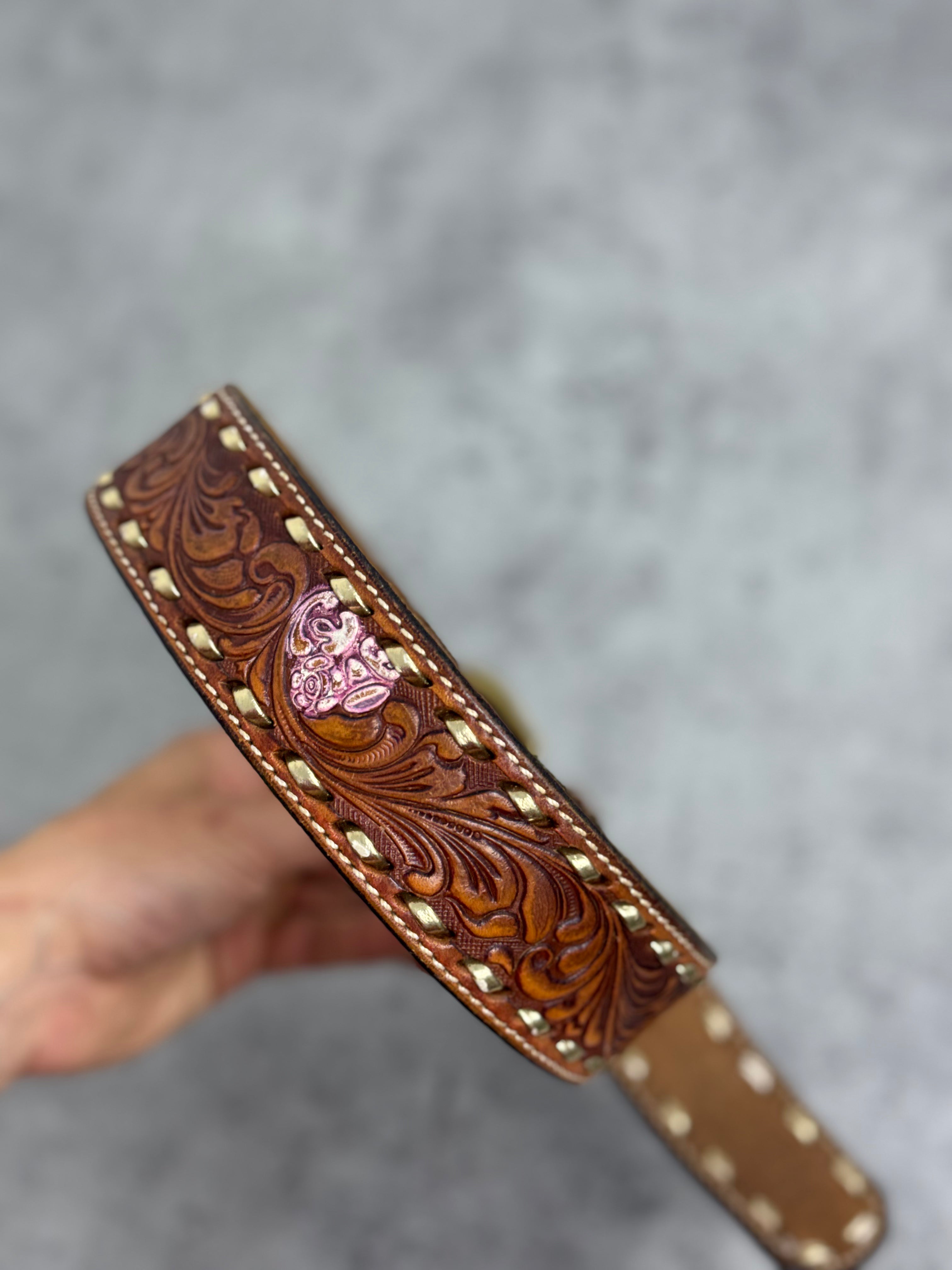 Vintage Western Skórzany Pasek Tooled Leather Hand Laced Cowboy Boho Country Rodeo