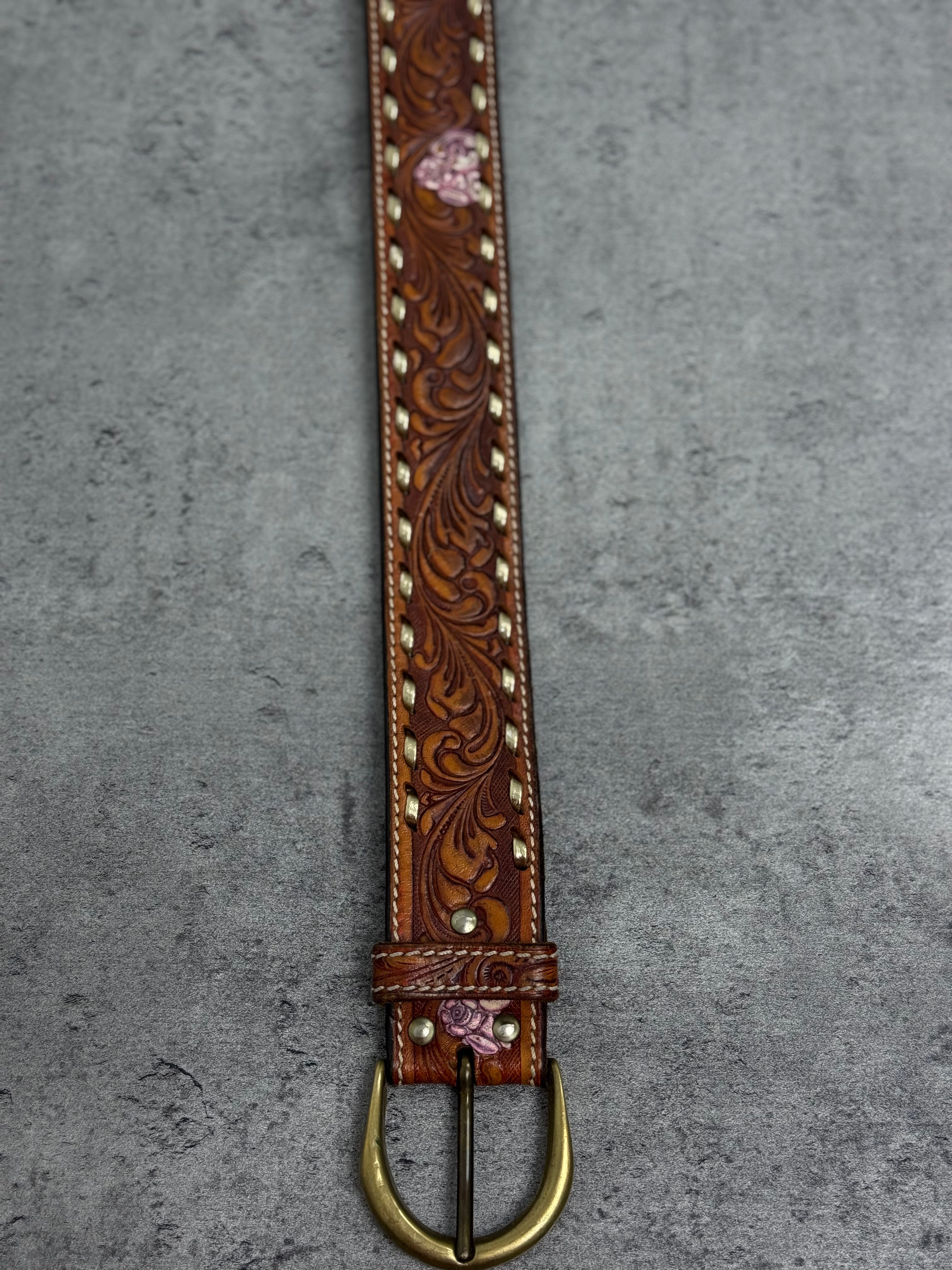 Vintage Western Skórzany Pasek Tooled Leather Hand Laced Cowboy Boho Country Rodeo