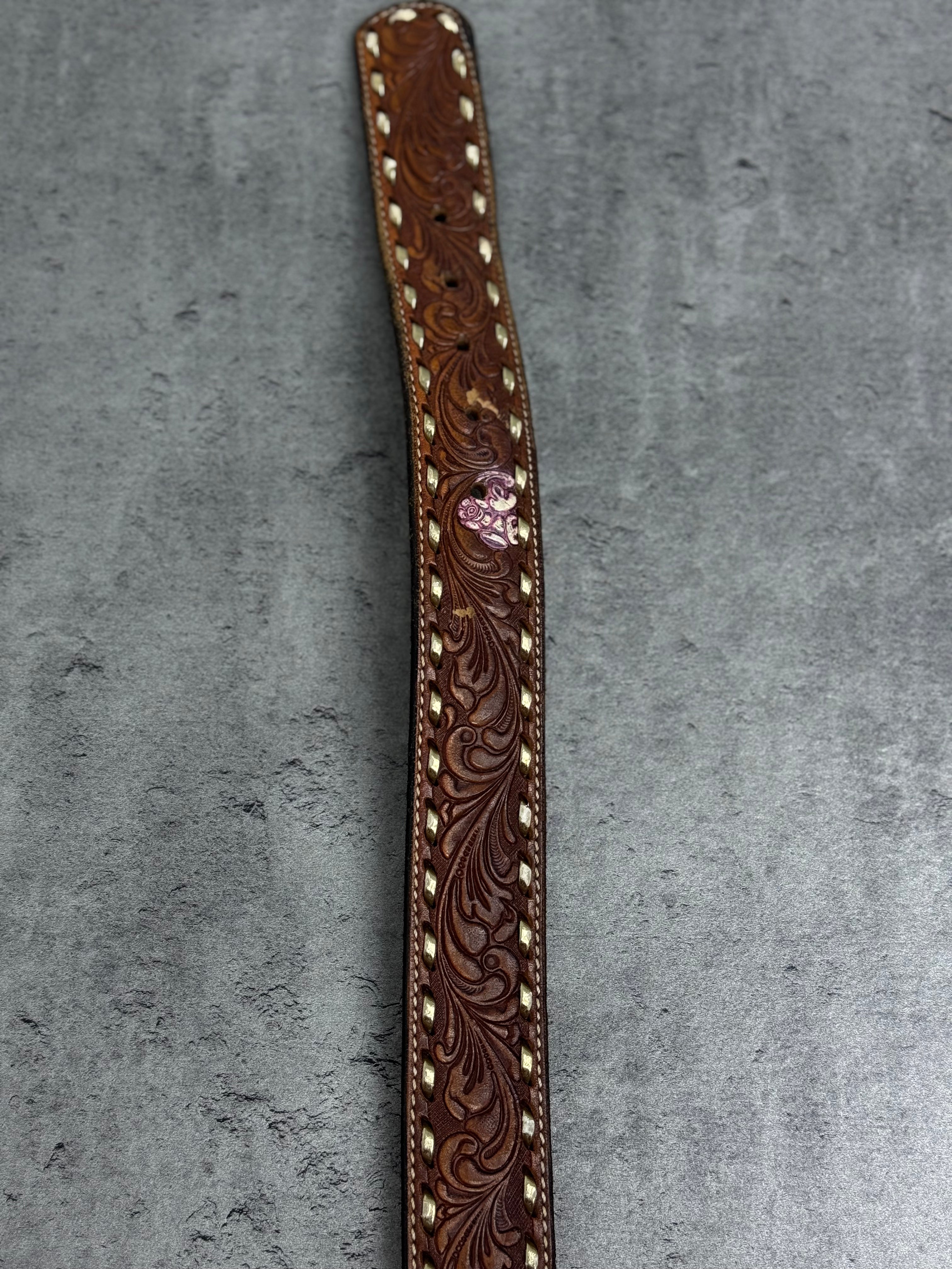Vintage Western Skórzany Pasek Tooled Leather Hand Laced Cowboy Boho Country Rodeo