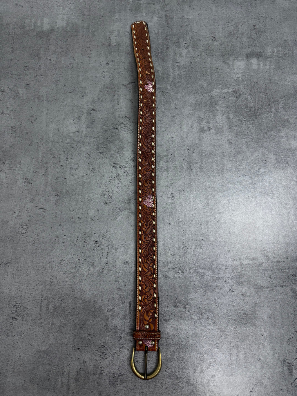 Vintage Western Skórzany Pasek Tooled Leather Hand Laced Cowboy Boho Country Rodeo