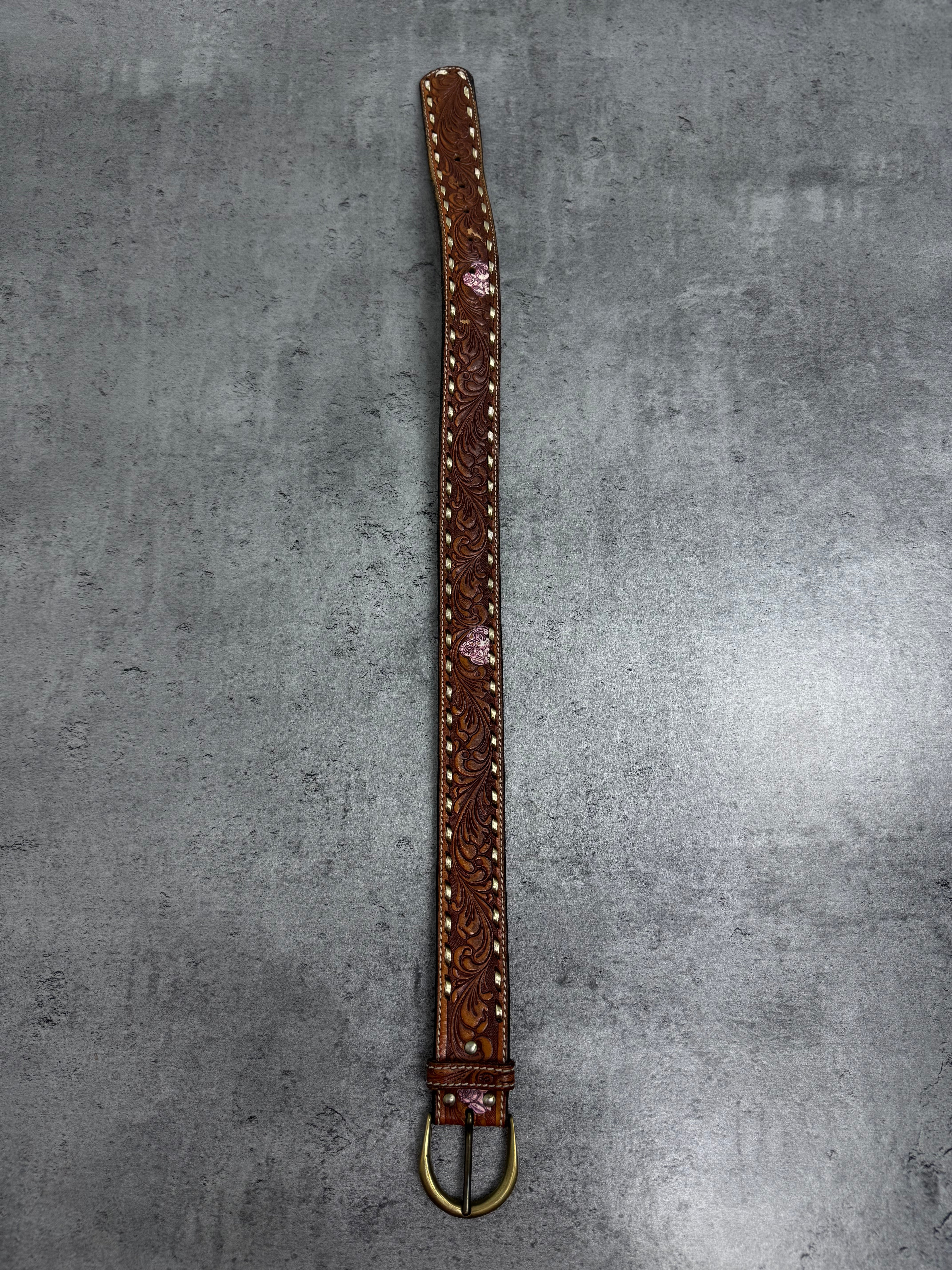 Vintage Western Skórzany Pasek Tooled Leather Hand Laced Cowboy Boho Country Rodeo