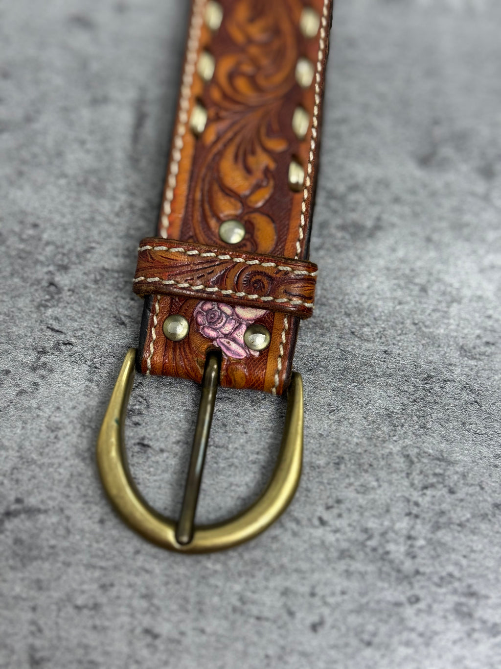 Vintage Western Skórzany Pasek Tooled Leather Hand Laced Cowboy Boho Country Rodeo