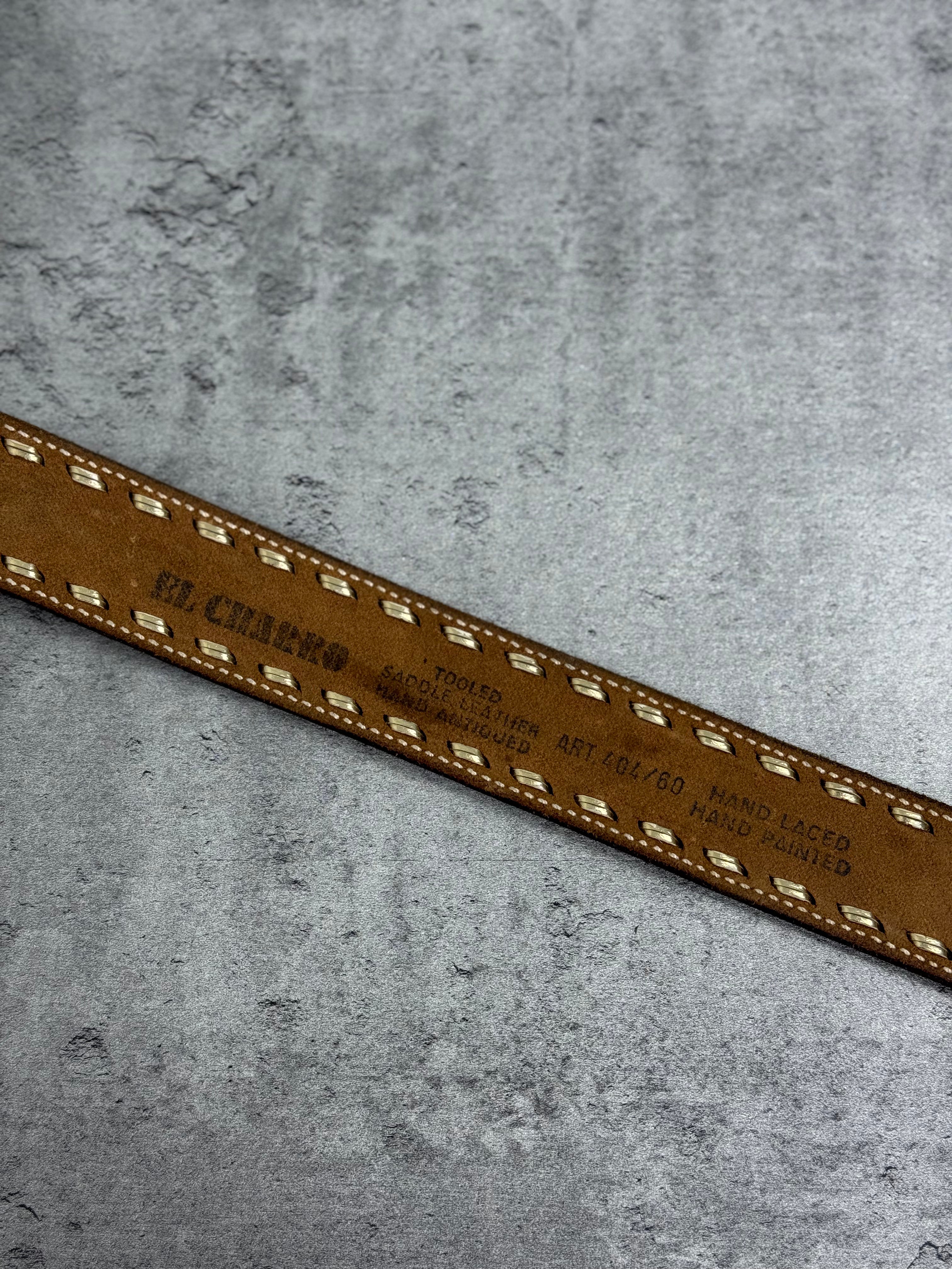 Vintage Western Skórzany Pasek Tooled Leather Hand Laced Cowboy Boho Country Rodeo