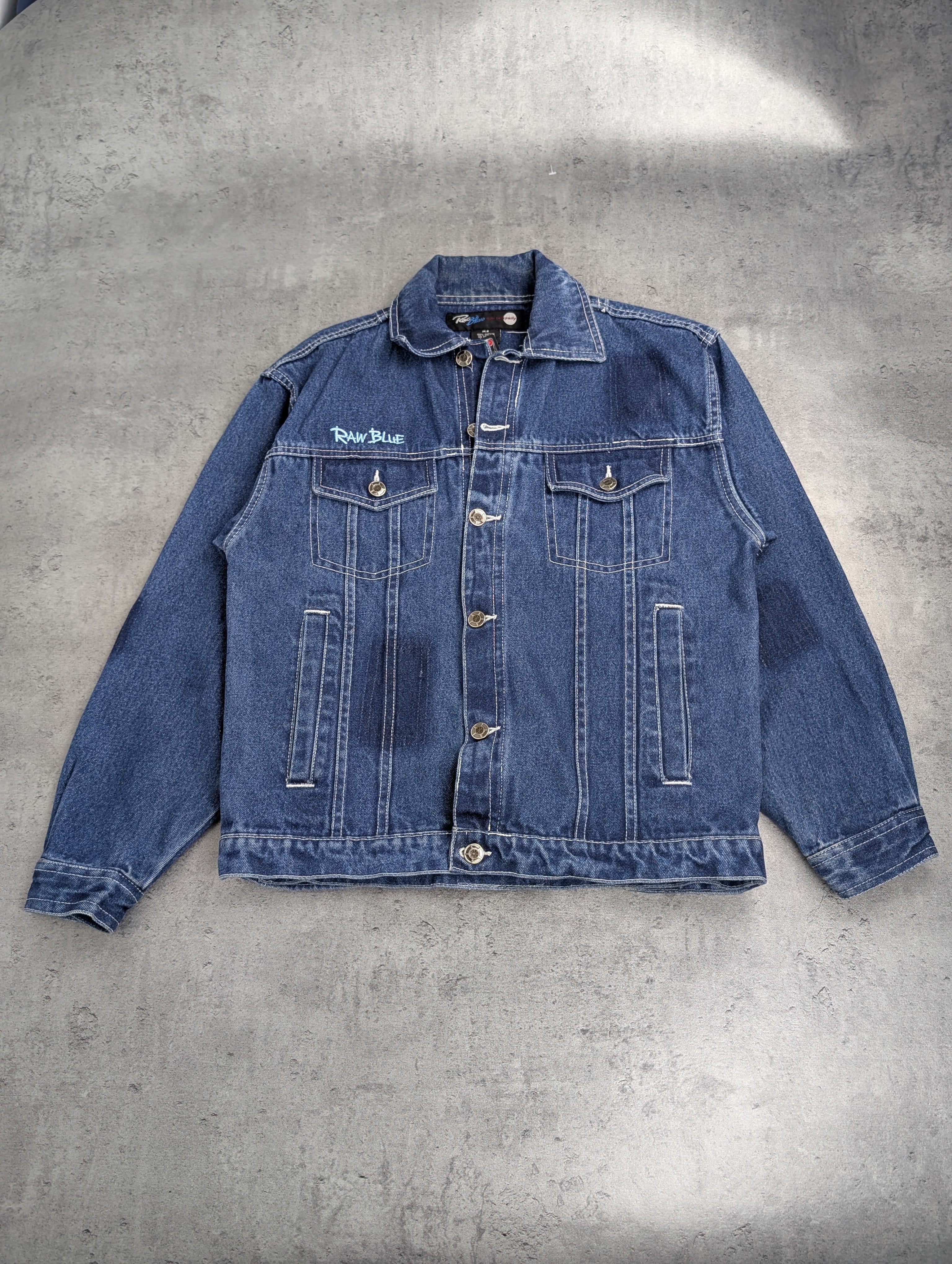 Raw Blue 2000s Embroidered Y2K Skater Trucker Denim Jacket Katana Jeansowa Kurtka Vintage Hiphop