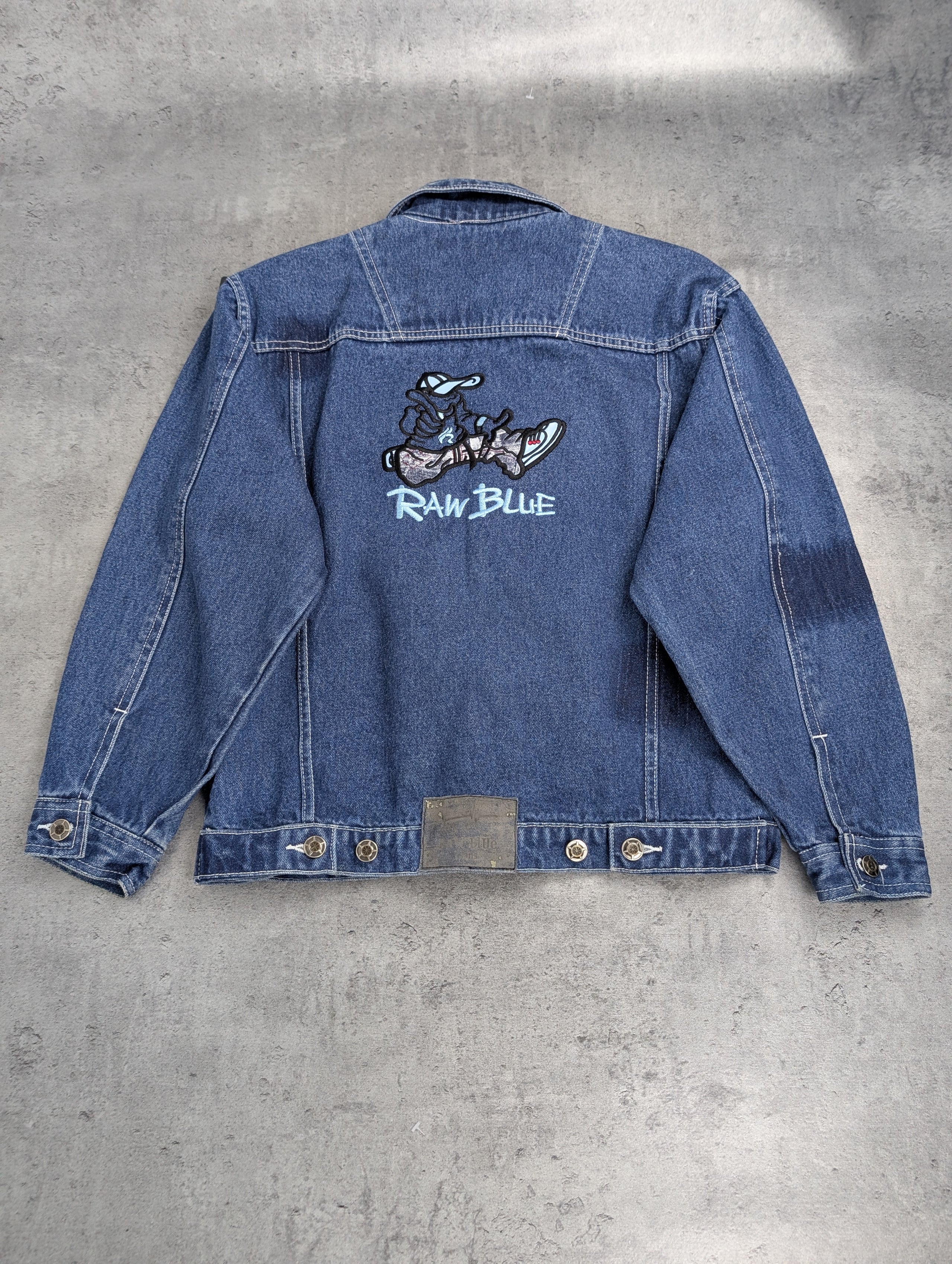 Raw Blue 2000s Embroidered Y2K Skater Trucker Denim Jacket Katana Jeansowa Kurtka Vintage Hiphop