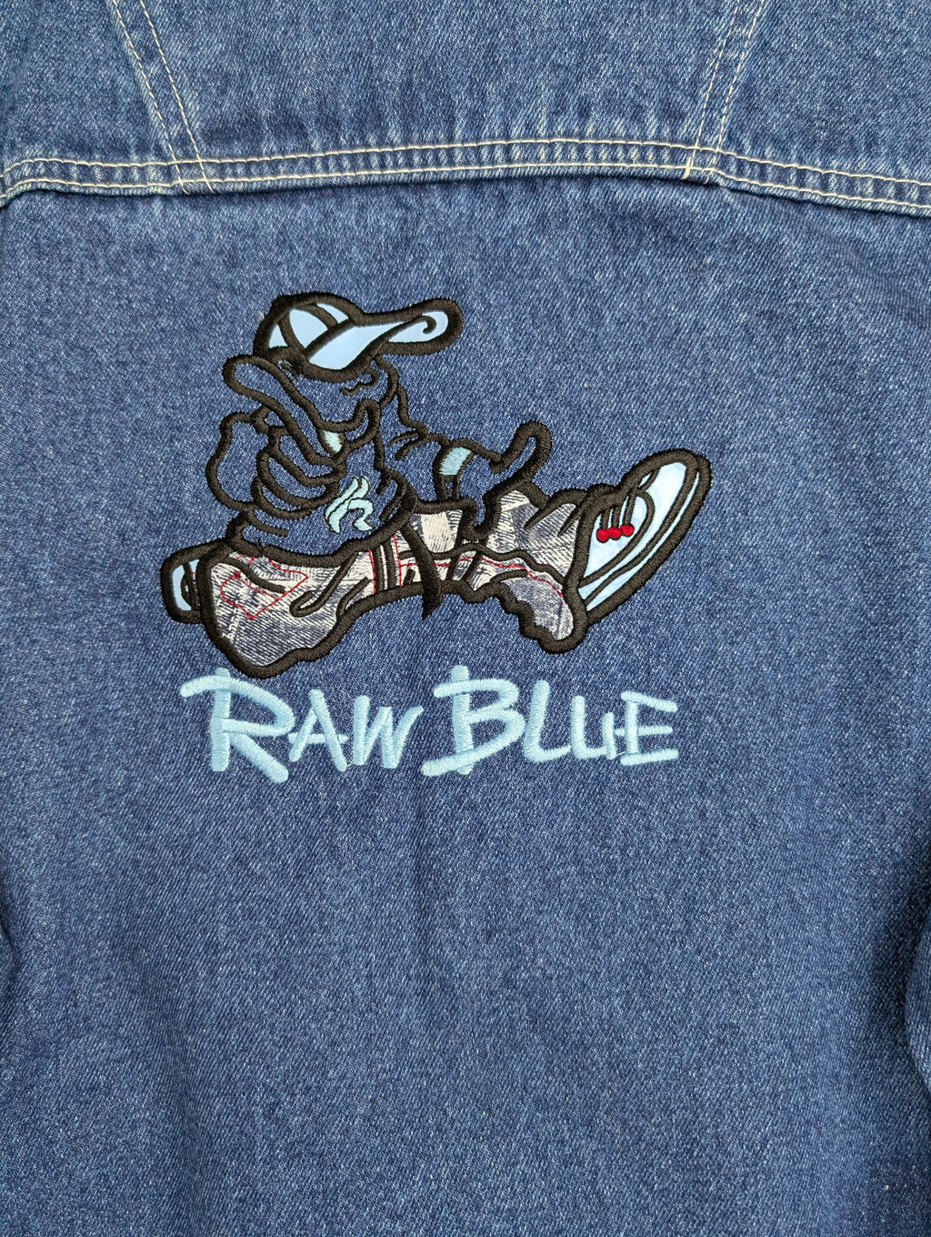 Raw Blue 2000s Embroidered Y2K Skater Trucker Denim Jacket Katana Jeansowa Kurtka Vintage Hiphop