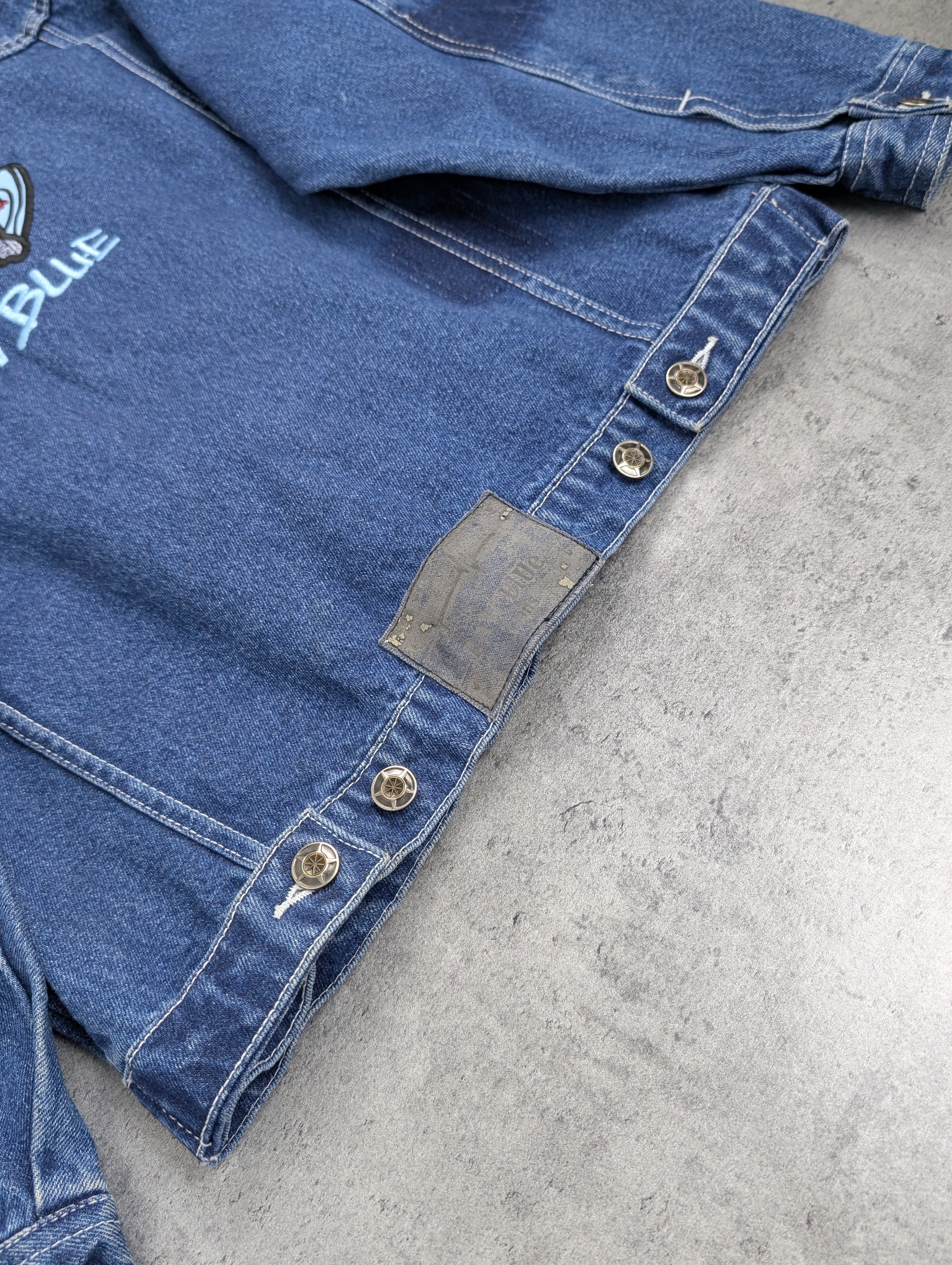 Raw Blue 2000s Embroidered Y2K Skater Trucker Denim Jacket Katana Jeansowa Kurtka Vintage Hiphop