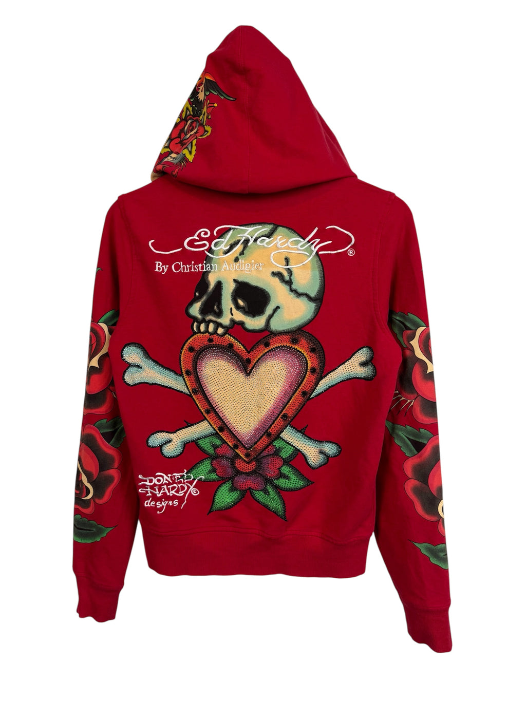 RARE Y2k Ed Hardy Skull in Love Women's Embroidered All Over Print French Terry Hoodie Jacket