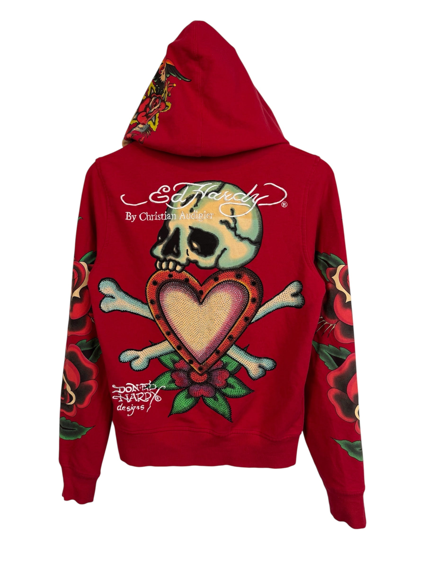 RARE Y2k Ed Hardy Skull in Love Women's Embroidered All Over Print French Terry Hoodie Jacket