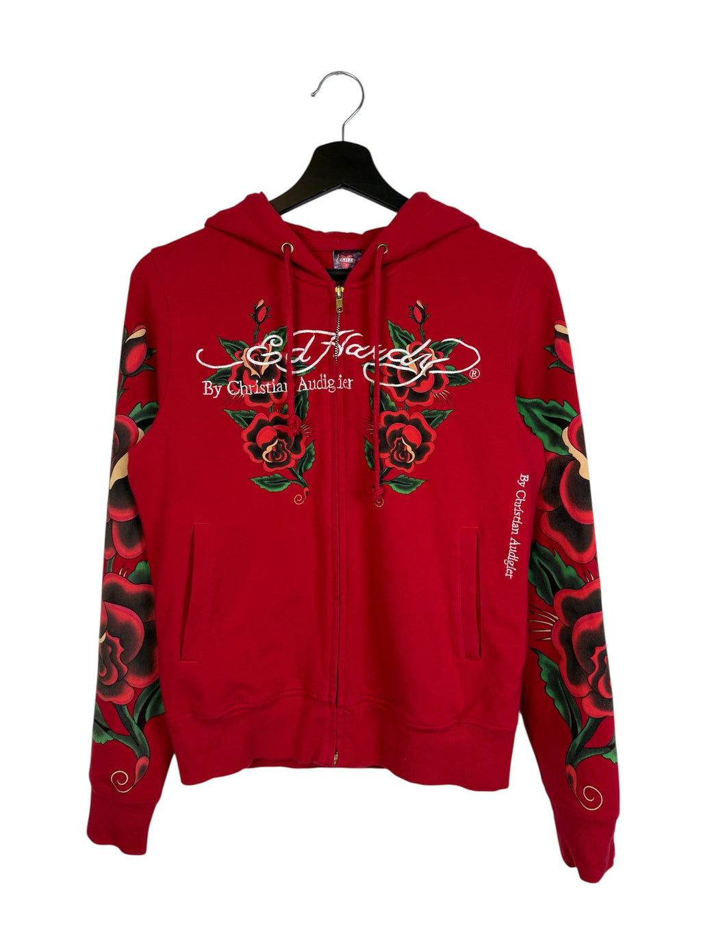 RARE Y2k Ed Hardy Skull in Love Women's Embroidered All Over Print French Terry Hoodie Jacket