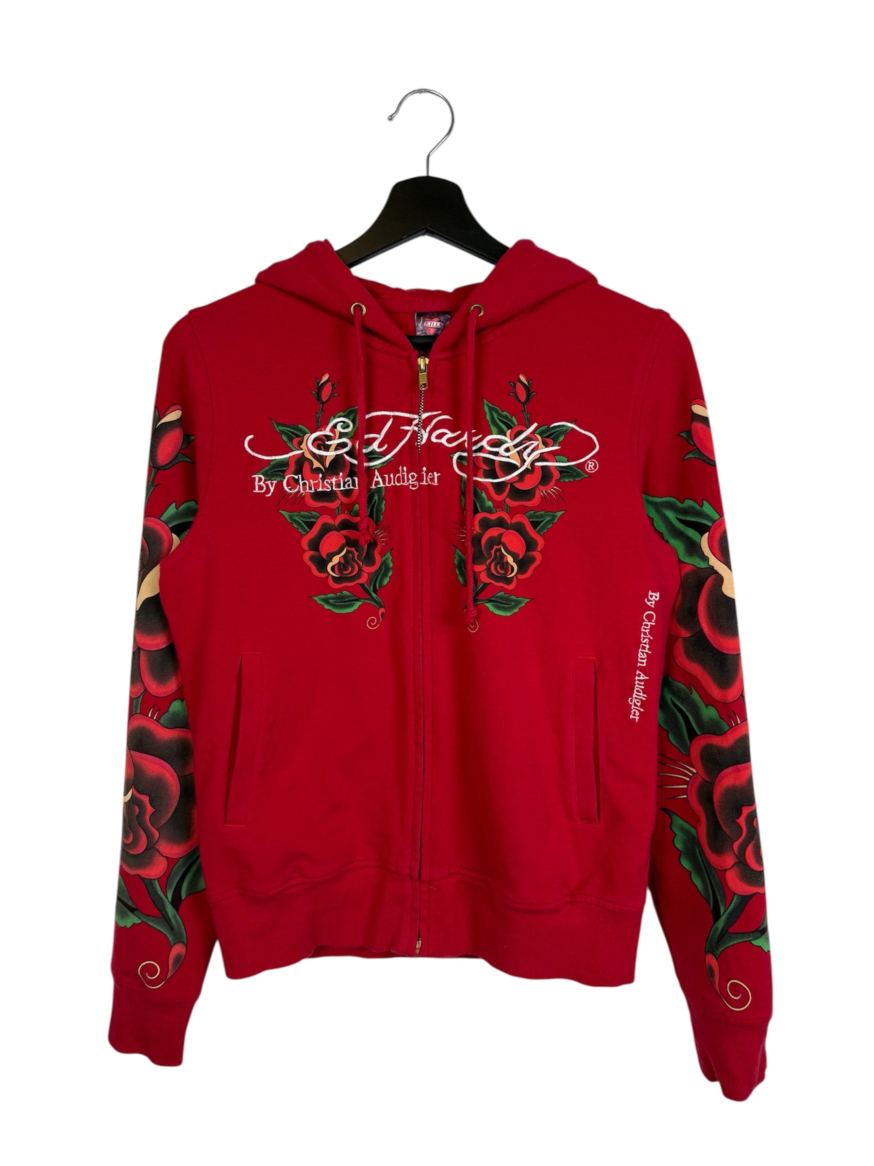 RARE Y2k Ed Hardy Skull in Love Women's Embroidered All Over Print French Terry Hoodie Jacket