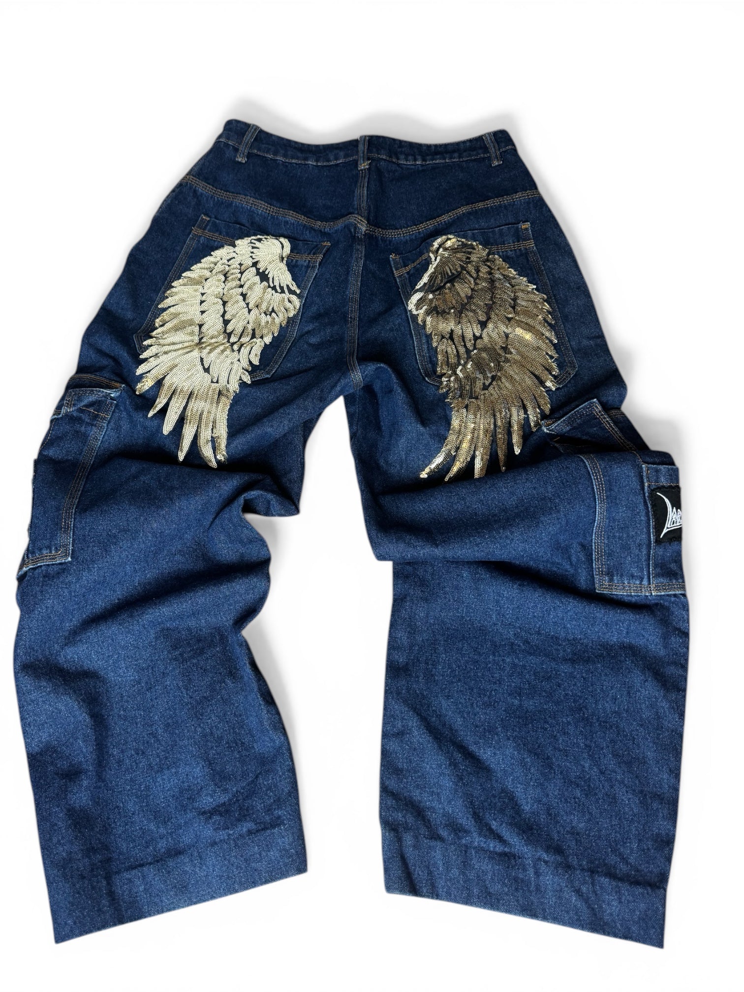 Custom Wide Leg Cargo Jeans - Złote Skrzydła i Naszywki | Y2K / Streetwear 2000s