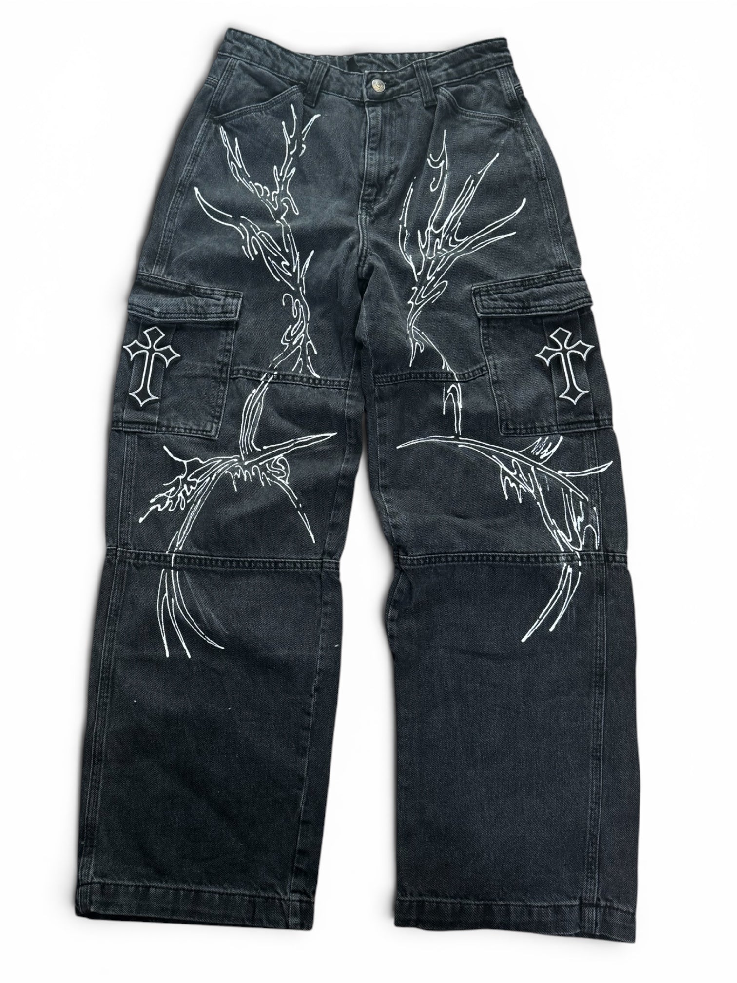 Custom Cargo Jeans Black Y2K Cyber Sigilkore Chrome Hearts Style