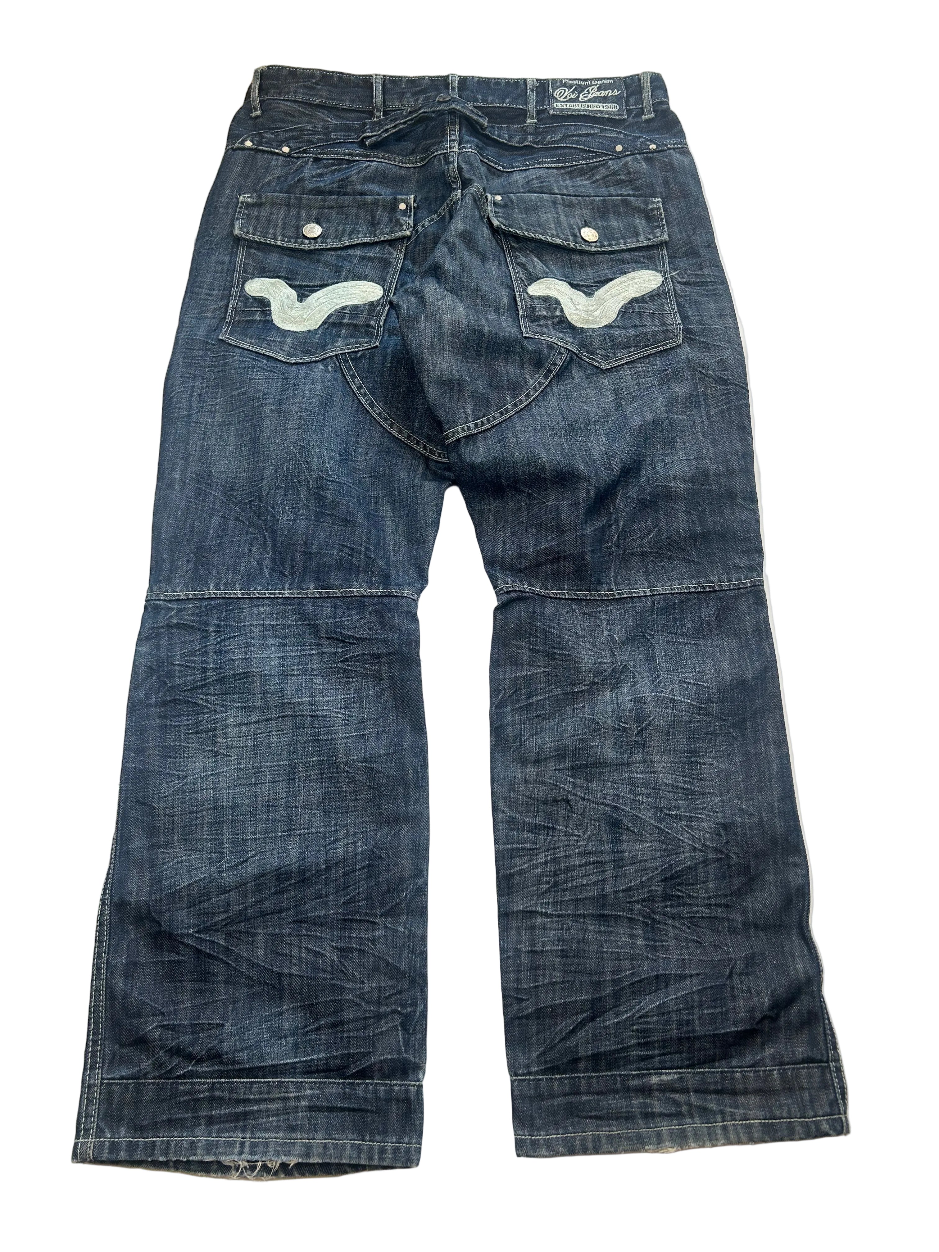 Baggy jeans denim z nadrukami na tylnych kieszeniach