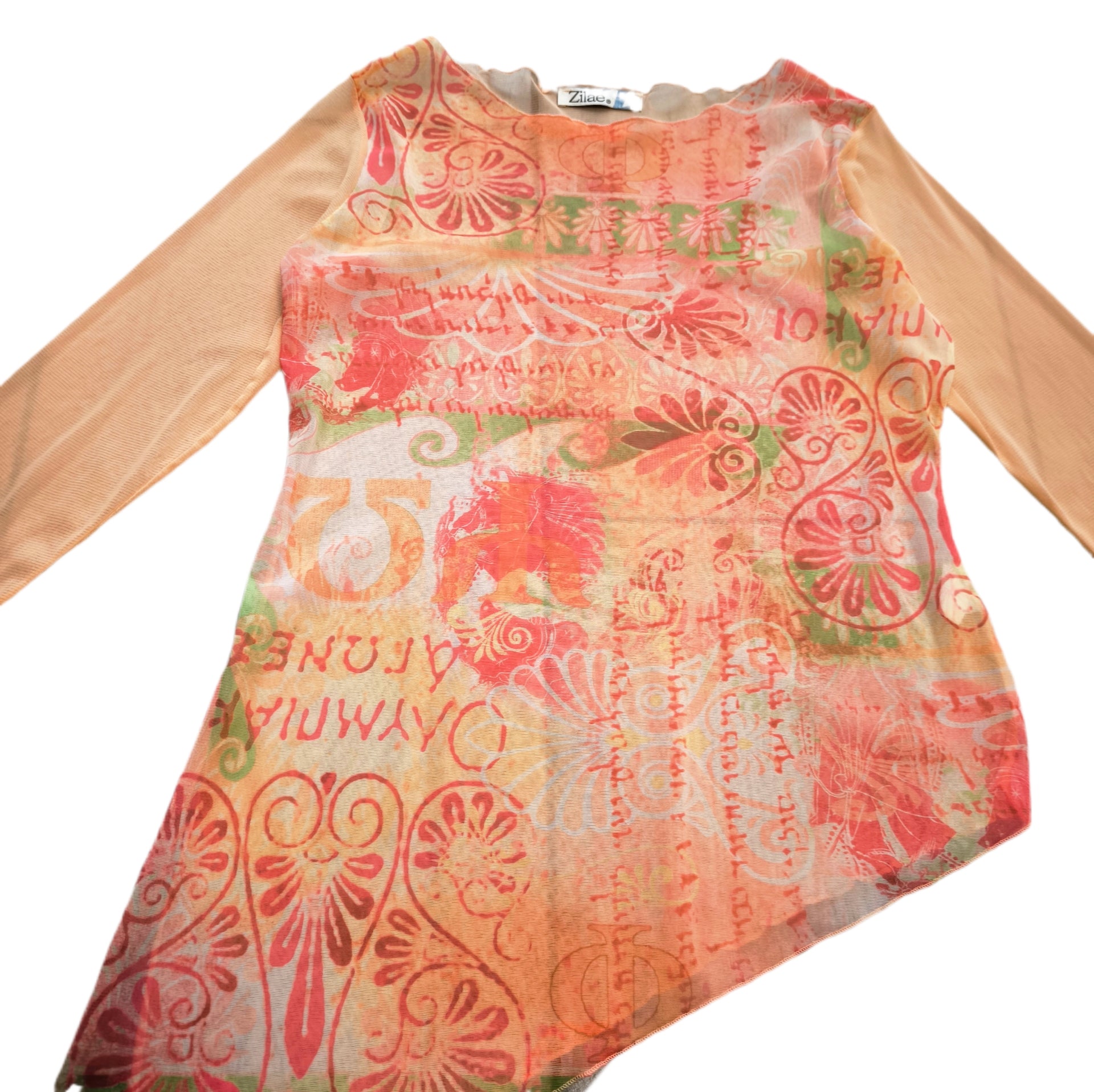 Bluzka damska asymetryczna y2k long sleeve mesh top z kolorowym nadrukiem