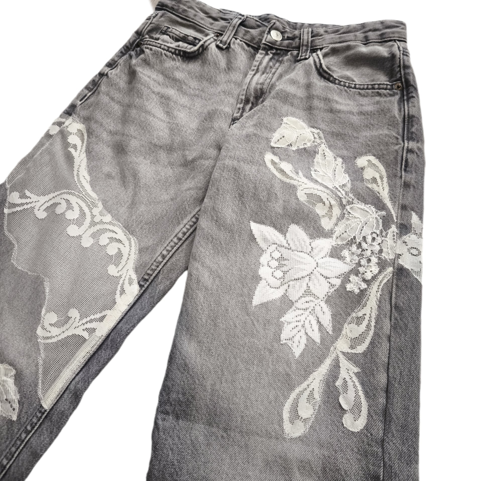 Jeansy damskie handmade upcykling romantic lace
