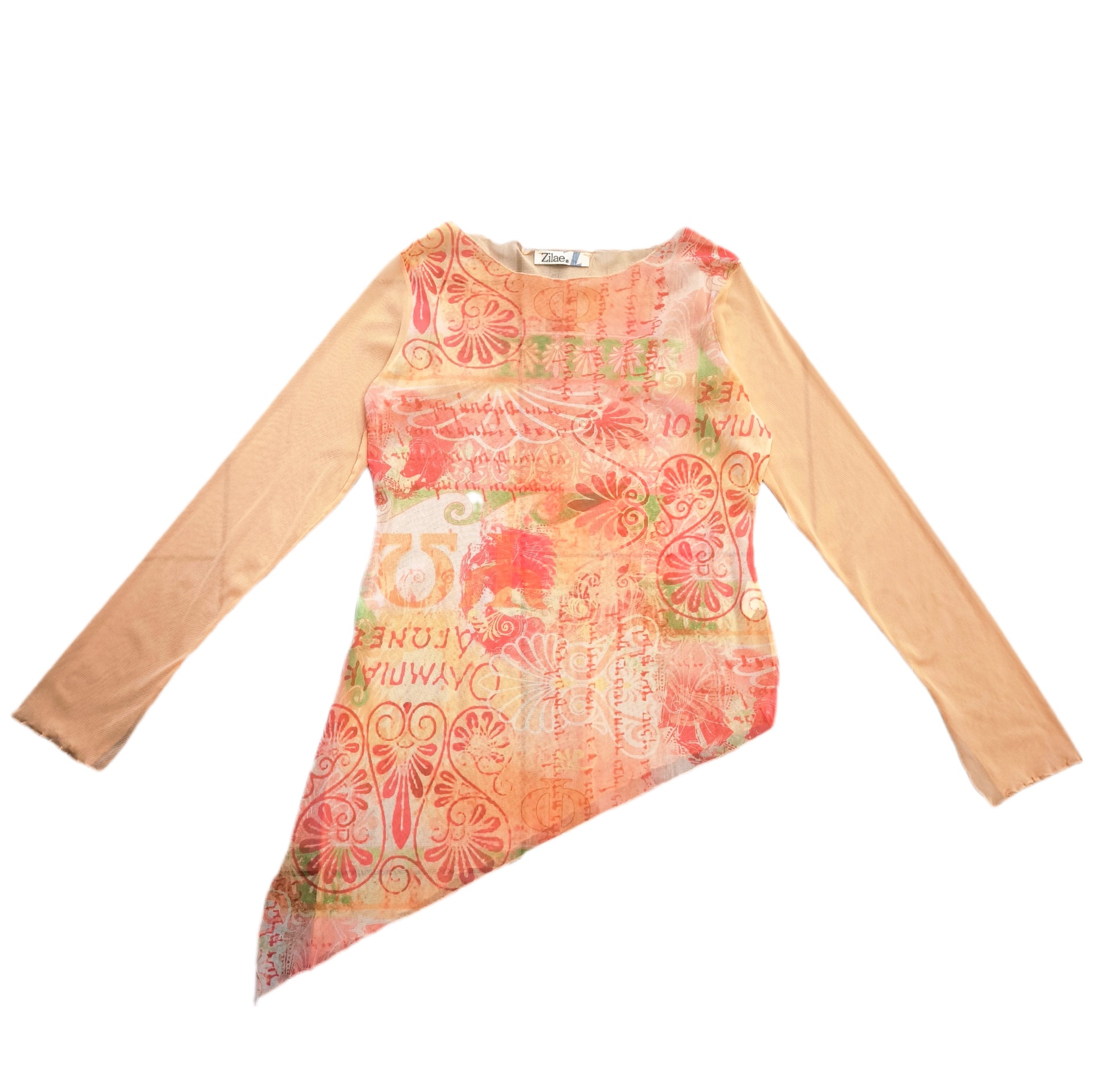 Bluzka damska asymetryczna y2k long sleeve mesh top z kolorowym nadrukiem