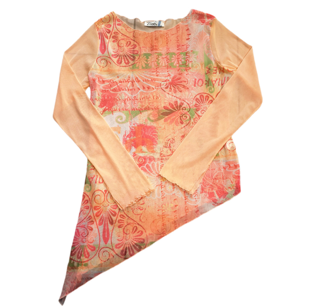 Bluzka damska asymetryczna y2k long sleeve mesh top z kolorowym nadrukiem