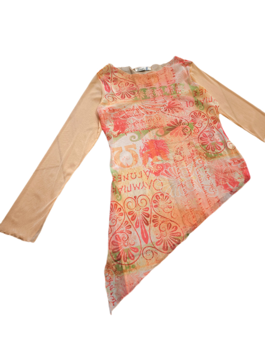 Bluzka damska asymetryczna y2k long sleeve mesh top z kolorowym nadrukiem