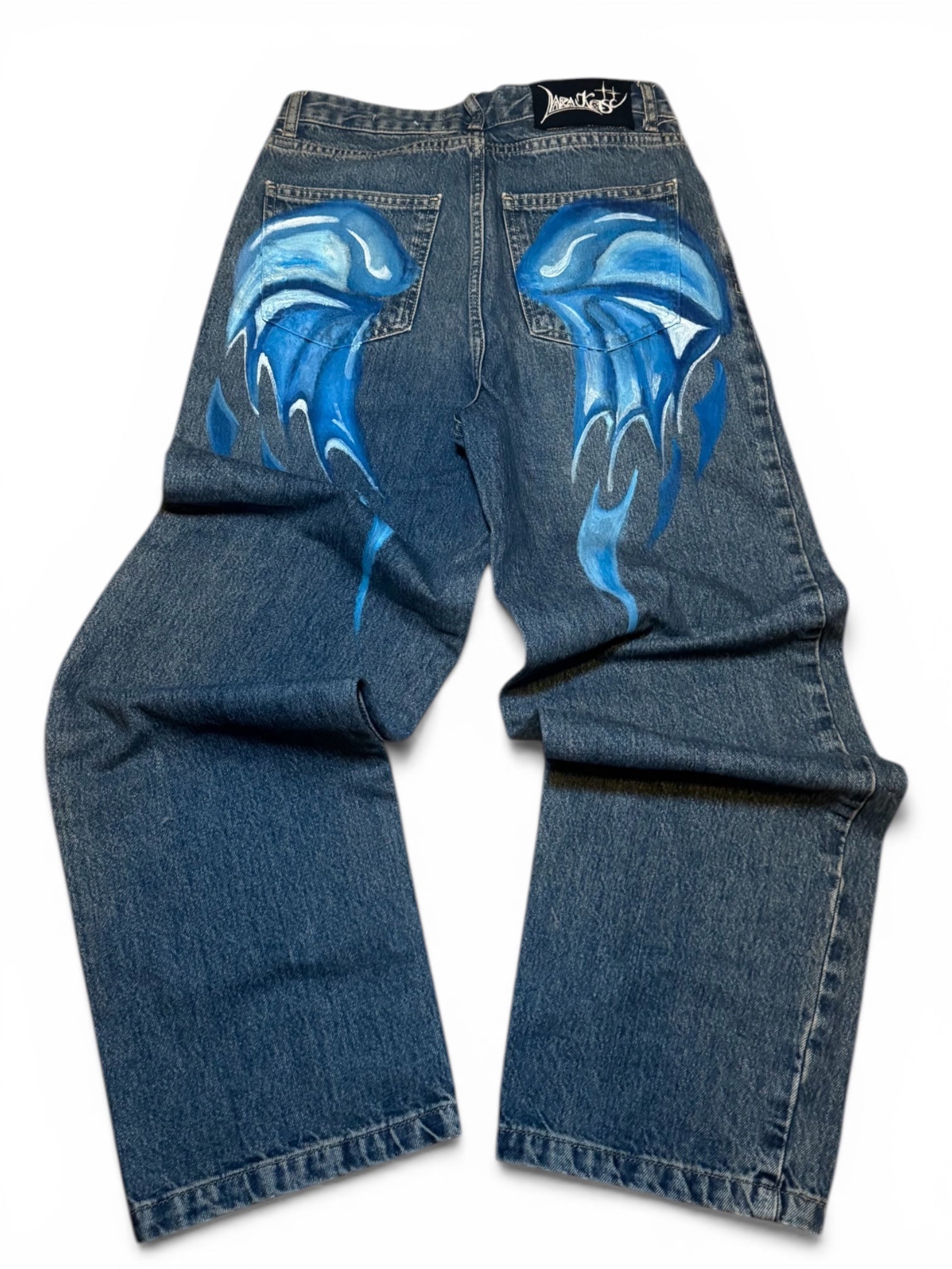 Unique custom 1 of 1: Ręcznie Malowane Jeansy Lara Kość Y2K Cyber Angel Wings